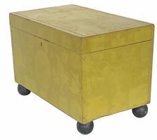 G855 19th century vibrant chrome yellow-painted Miniature Chest rectangular hinged-lid dovetailed form raised on applied ebonized ball feet, decals affixed to interior.
