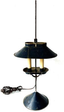 J165 Jerry Martin tin student lamp with old indigo blue paint and adjustable double socket electrified candles resting on a sand-filled conical base. Stamped �JM 2019� on bottom of base. (Jeremy "Jerry" Martin of Marietta, PA was a Blacksmith and Tinsmith.) Dated 2019. 