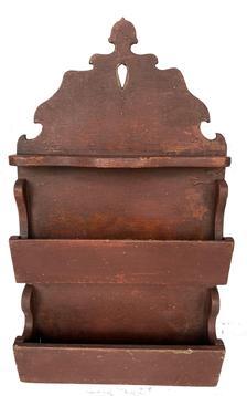 RM1277 Late 19th Century New England Double Tier Wall Box, retaining its old red over mustard paint. Wonderful form with tall shaped back with acorn top , wire head nailed construction circa 1870