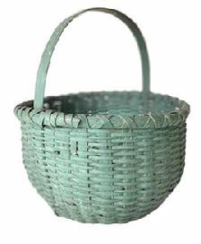 G870 SHENANDOAH VALLEY OF VIRGINIA PAINTED STAVE-TYPE WOVEN-SPLINT BASKET, white oak, circular form with X-wrapped rim, kick-up to bottom, and arched handle. Retains an old blue/green-painted surface. Probably by one of the Nichols family of basketmakers from Page/Rockingham Co., VA.