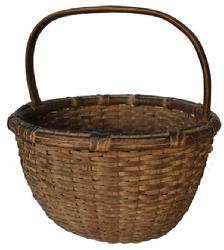 C159 MARYLAND  OAK SPLINT BASKET, well woven round form with  tightly wrapped rim and steamed and bent and notched handle , outstanding original dry natural patina  surface. Found near Delmarva
