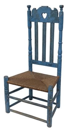 G553 18th century  Heart and Crown Bannister-back Chair,in early blue paint, Connecticut, mid-18th century, the shaped crest above three molded balusters, rush seat on turned legs and double stretchers, old surface,, ht. 40" tall, seat ht. 14"