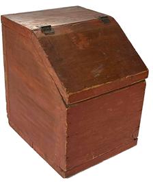 **SOLD** H991 19th century Versatile small sized counter storage box retaining old, dry red painted surface. Slanted hinged lid. Great old natural patina interior.  Measurements: 12" deep x 10" wide x 13" tall