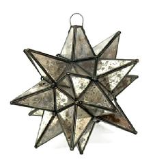 M238A 19th century Pennsylvania Mirrored Glass and Tin Eighteen-Point Moravian Star Lantern with hook at top for hanging purposes and hinged area to access interior for candle illumination if desired. Approximately 12 tall.