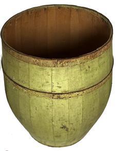 F577 Late 19th century to early 20th century country store wooden barrel. Made of ash wood with the original metal bands for reinforcement in early green paint. Circa 1890s to 1920s.