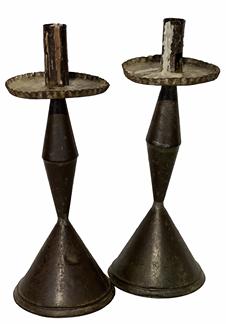 H20 18th century Pair of weighted tin candlesticks, 1780 - 1810 lapped and soldered joints, Shafts in two units jointed in and raised and folded seam, Candle sockets crimped bobeches soldered to shaft. The Candle Holders are sand filled 11" tall