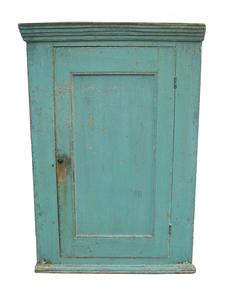 W512 Late 18th century Pennsylvania Hanging Corner Cupboard, with original grey/ blue paint, tee, rose head and square head nails, one board construction, circa 1790- 1820