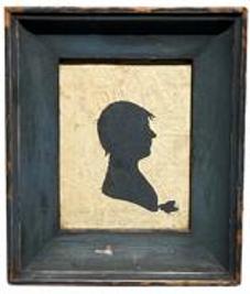 **SOLD** G339 Early 19th century , beautiful original blue painted frame . with a Silhouette of a young Boy IN PROFILE WITH FINE CUT DETAILS.AMERICAN, Circa 1820-1840