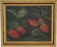 H1019 Oil painting on artists board featuring still life of five large strawberries. Unsigned. Framed measurements: 11 7/8 wide x 10 tall x 1 thick 