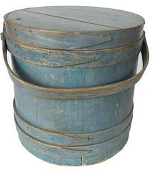 **SOLD** T282 New Hampshire original blue painted Firkin, tongue and groove softwood staves, tapered lap joint wood bands,held in place with tacks, bent wood swing handle with peg attachment.