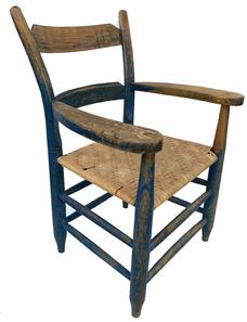 G321 19TH CENTURY  EARLY SOUTHERN  LADDERBACK ARM CHAIR in beautiful original blue paint, two slats back. Chair has a replaced cane seat which is sturdy, professionally done. Circa 1860. Measurements: 23" wide (at arms) x 32 1/2" tall  