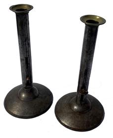 G517 18th century very rare tall pair of Hogscraper candlesticks, tinned sheet iron with brass wax pans, circa 1800 Measurements are 10 3/4" tall and  5 1/2" diameter base