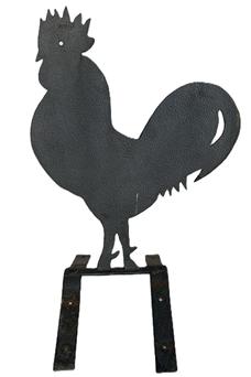 M96 Rooster Weathervane bearing original black painted and weathered surface. The silhouette is cut from heavy sheet metal and retains an arched sheet metal base where it was once attached to the top of a roof. Measurements: 16 wide x ~3/8 thick x 23 ½ tall. Base area measures ~9 wide x 15 long.