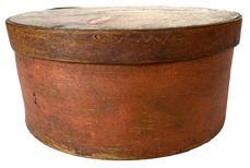 G248 19th century painted Pantry Box with wonderful bittersweet red paint with very , with over lapping bentwood sides, secured with small tacks