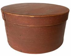 G817 19th century identified original red painted pantry box best of the best, with steamed and bent sides secured with tiny wooden pegs and tacks. Stamped "S. PAGE" in the center of the lid. Great natural patina inside. Very sturdy. 