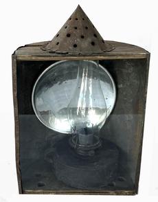 **SOLD** H77   Early 20th century rounded tin and wooden gunning light / lantern with glass front panel and internal kerosene lamp and round reflector. Handmade cone shaped vent on top. Handle has rolled edges. DuPont Estate. 