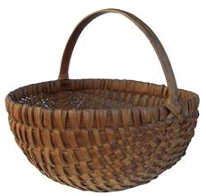 X59  Melon Basket Pennsylvania, oaksplint, rib construction,  It has a dark nut brown patina,  two large decorative God's eyes at the base of either side of the handle.,late nineteenth century  Measurements are: 15" wide x 15" tall