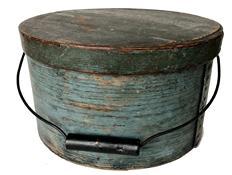 RM1061 19th century New England bail handle pantry box, The box retains the original lid and bail handle. Everything is sturdy and stable.The original beautiful blue paint 