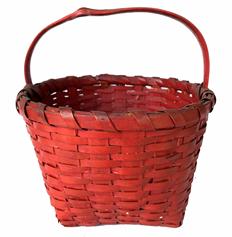 G393 Quaint small sized berry gathering basket in old lipstick red paint. The 5� square base gradually tapers to an 8 1/2� wide circular opening. Single wrapped rim with tightly woven sides. Steamed and bent, notched handle is sturdy and incorporates a tiny knot - adding a bit of character! Evidence of very early home / "make-do" repairs on the basket's bottom appears to have been for reinforcement purposes.  Sides are 5 1/2" tall, overall height at top of handle is 8 3/4".