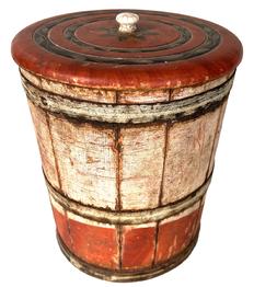 H233  LEHNWARE SUGAR BUCKET A mid to late 19th century oak lidded sugar bucket by Joseph Long Lehn (1798-1892) of Elizabeth Township, Lancaster County, Pennsylvania. The bucket of stave construction showing original salmon paint and three iron bands with meandering floral decoration.  Height 9 1/2 inches, diameter 8 inches.
