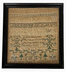 K1831 Exceptional, early 19th century identified and dated framed Needlework Sampler that reads: If we see another year - May we spend it in thy (???) - All its days devote to thee - Living for eternity  Anna Middlebrooks Sampler Worked in the 8 of her age 1826  Sampler is stitched with what appears to be cotton threads over linen material and boasts blues, browns, tans, greens and ecru colors.  Features bands of alphabet letters and a band of numbers 1 through 13, along with bands of geometrical shapes and is surrounded by a meandering vine border. Urns, trees, baskets and vines of flowers, birds and geometrical shapes adorn the symmetrical layout. Great condition for such an early sampler! Professionally framed. Framed measurements: 14 1/8 wide x ¾ thick x 15 tall.  