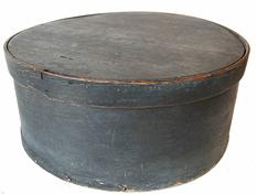 H37 Large 19th century thick walled pantry box with original dark blue paint. Steamed and bentwood sides secured with small tacks. Natural patina interior. Very sturdy. Measurements: 17 1/4" diameter x 7 1/4" tall