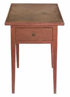 H519 Late 18th century Pennsylvania original red painted splay leg table with one drawer and applied molding around top.  The drawer is splayed to match the shape of the base/legs. Drawer is tee nail construction.  Circa 1790  1820. Measurements: 15 3/4" wide x 15 1/2" deep x 27 1/4" tall. The base tapers from 13 wide just beneath the top  to 16 wide across tips of legs.