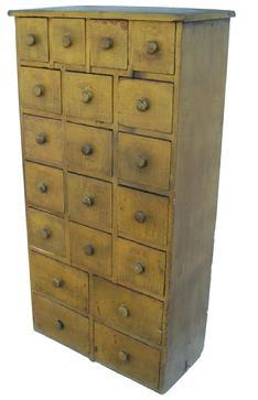 **SOLD** Y301 Early 19th century Pennsylvania wonderful sizes and drawer layout, with graduate drawers. old true mustard paint over the original red. Square head nails construction, the dividers for the drawers are mortised through the top. circa 1820 - 1840