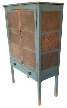 **SOLD** F174 Mid 19th century Shenandoah Valley Virginia twelve hand punched tins in a circle pattern Pie Safe, , in the original beautiful dry blue paint, two doors, over drawers, , the interior of the Pie Safe is a dark dry red, nice an clean circa 1840