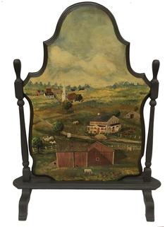 E320 19th century Fireplace Screen, with a early 20th century hand painted farm scene  . Oil paint on board, of a Farm with farm Animals and house and Cows , barn, beautiful art work signed by Artist Measurements are 40" tall x 26" wide 