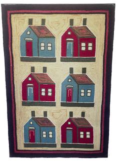 H356 Early 20th century School House pattern hooked rug. This visually appealing rug is constructed of hand hooked wool on burlap in a vertical rectangular form and features six different school houses done in reds, blues and greens with white accents on a tan background surrounded on all four sides with a red and black triple border.