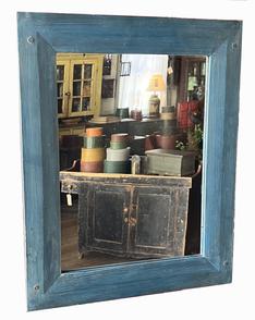 *SOLD* RM1493 Early framed looking glass with wonderful blue painted surface and original mirror. Frame is full mortised and wooden peg construction. Overall measurements: 16 1/4" wide x 7/8" thick x 20 1/2" tall (Frame itself is 2 1/2" wide) 