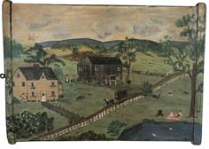 D581  Mid 20th century Pennslyvania Painting  on a bread board.  of a farm scene with,barn and house with horse and buggy and animals from East Berlin Pennsylvania