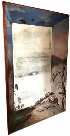 H344 Mid 19th century Large mirror with painted deep  frame, the frame depicting a snowy landscape with a waterfall and birds with old looking glass,  circa 1860 Measurements are   43 1/2 x 28 1/2
