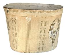 M180 19th century Pennsylvania wallpaper Hat Box or Bandbox identified inside the lid Miss Fannie S. Reist. The oval pasteboard box is covered on the exterior with wallpaper bearing linear stripes with a floral pattern on a tan background. Interior is covered with a two-toned tan printed wallpaper. An original tassel remains in place on front of box. (NOTE: Research indicates there is a Fannie S. Franck Reist (1850-1898) buried in the Kauffmans Mennonite Church Cemetery, Manheim, Lancaster County, Pennsylvania not far from where this box was obtained.) Measurements: 13 5/8 wide x 11 oval x 10 tall.