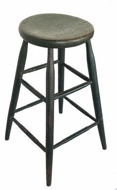G65 19th century tall stool with the old dry green paint , over the original red with a thick round top and great splay to legs. circa 1860. 