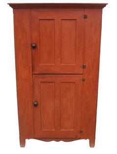 W396 Early 19th century two door Storage Cupboard, from Lehigh Valley, Pennsylvania with dovetailed case, molded cornice, with lamb tongue corners, door are all full mortised and pegged.nice  high Lehigh Valley cut out foot, with the original paint, one board construction circa 1800 -1820 Measurements are: 19 3/4" deep x 43  1/4" wide x 71 3/4" tall