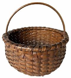 H479 � Exceptionally well made, tightly hand-woven gathering basket with single wrapped rim and footed base. Deeply notched, sturdy, steamed and bent handle is woven into the sides of the basket. Woven bumped up bottom interior to enhance airflow for gathered items. 