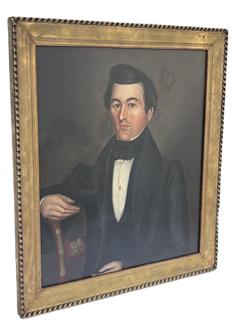 **SOLD** K1521 Early Folk Art Portrait Painting of a very distinguished looking Young Man seated in a paint decorated chair. Hand painted, oil on canvas. Nicely framed. There is evidence of two small, very well done repairs in the background and, at some point, this portrait has been re-lined. Very good condition. Framed measurements:  29 wide x 33 tall. Canvas measurements:  24 ¼ wide x 28 ½ tall.  