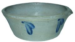 T230 Cobalt decorated Stoneware milkpan, Baltimore MD. origin circa 1870 flaring bowl form with pouring spout, decorated all around bowl with brushed cobalt leaves. small rim chips 4 " tall x 10 " diameter