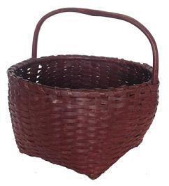Z378 19th century New England  Gathering Basket with the original red  paint, single wrapped rim, steamed and bent fixed handle , open weave bottom, for ventilation,