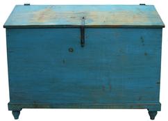 W197 Lebanon County, Pennsylvania 19th Century Pine Feed Chest with Original Blue Paint. Hinged slant-lid with original iron hasp, compartmented interior, dovetailed case, molded base and turned turnip feet. Found at the original farmhouse in Milbach, Lebanon Co., PA. 36"h x 47 1/4"w x 21"d. Condition: good with expected wear, all original.