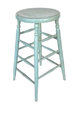 L17 19th century Pennsylvania tall stool with the old pale blue paint over the original oyster white paint boasting a thick round top and great play to the turned legs supported by triple stretchers on each side. Circa 1860s-1890s. Very sturdy. Measurements: top is 14 ¼ diameter. Bottom of legs flare out to 16 ¼ - 17" apart. Overall height is 28 tall. 