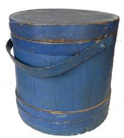 **SOLD** F722 Large bottom of the stack New England beautiful dry blue original painted Covered Wooden Firkin, tongue and groove softwood staved sides, tapered lap joint wood bands, bent wood handle with wood peg attachments,