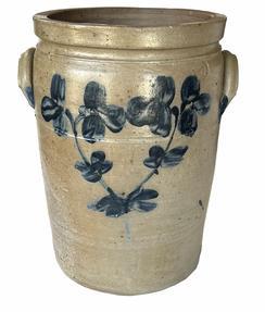 H448 Wonderful Baltimore, Maryland Stoneware Crock � attributed to Peter Hermann � deeply stamped �4� and decorated with large hand painted Cobalt Clover and vine decorations on front and back. Sturdy applied handles with cobalt decoration on each side of handle where they attach to the cylindrical crock. Circa 1870s.