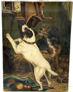 M198M198 Hand painted oil on canvas depicting a barn scene with two dogs trying to get a mouse inside a punched tin lantern hanging in the upper left corner signed J.S.H. 06 lower right corner. Unframed. Measurements: 16 tall x 12 wide.