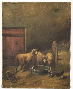 J96 Stunning 19th Century Oil on Canvas painting of three Sheep and two Chickens, in a barn with blue tub of water and hay, unframed, signed in the lower right-hand corner.  16� wide x 20� tall