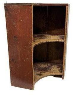 M1142 19th century Pennsylvania Hanging Corner Cupboard with the original dry red paint, the shelfs are mortised into the sides, with a painted interior that is nice and clean. The backboards are held in place with handmade nails. 