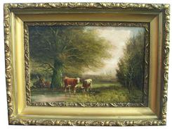 U640   Oil on canvas  of  Cows grazing, ca. 1900  signed  J. DAVIS   (1854 - 1930)   frame 18? x 24? professional cleaned and lined 