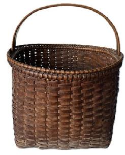 L5  Heavy construction woven splint Gathering Basket with sturdy steamed and bent handle bearing natural patina surface. Basket construction boasts a tightly woven decorative double rim with round opening tapering to a square bottom. Measurements:  13 ¼ x 13 ¾ top opening. Bottom is 10 ¾ square. The sides are 10 tall. Overall height is 15 tall.   